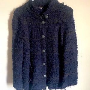 Free‎ People Blue & Black Wool Shag Button Down Distressed Jacket Sz XS